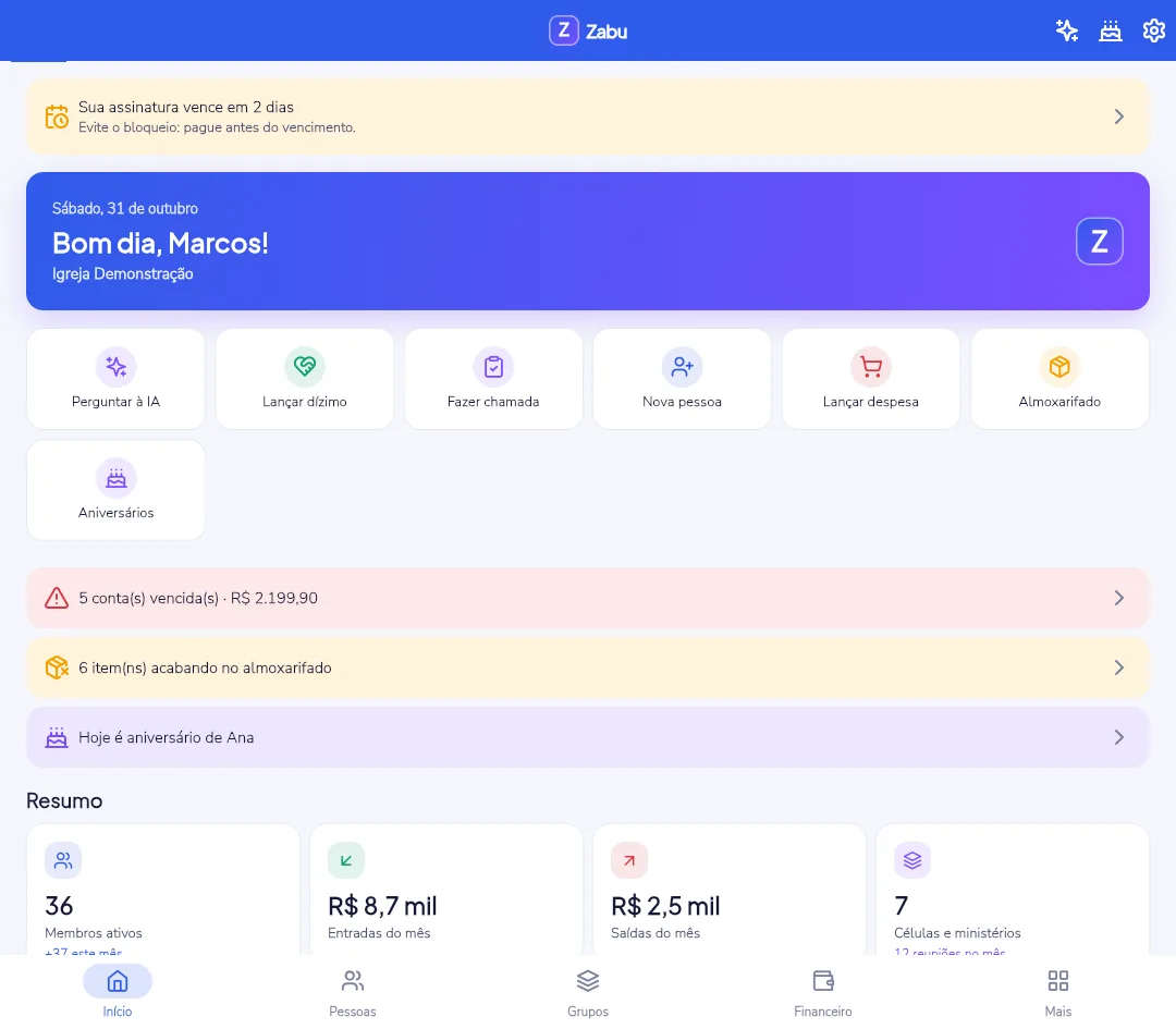 Tela inicial do ProGrace com avisos de contas vencidas, itens acabando e aniversariantes do dia